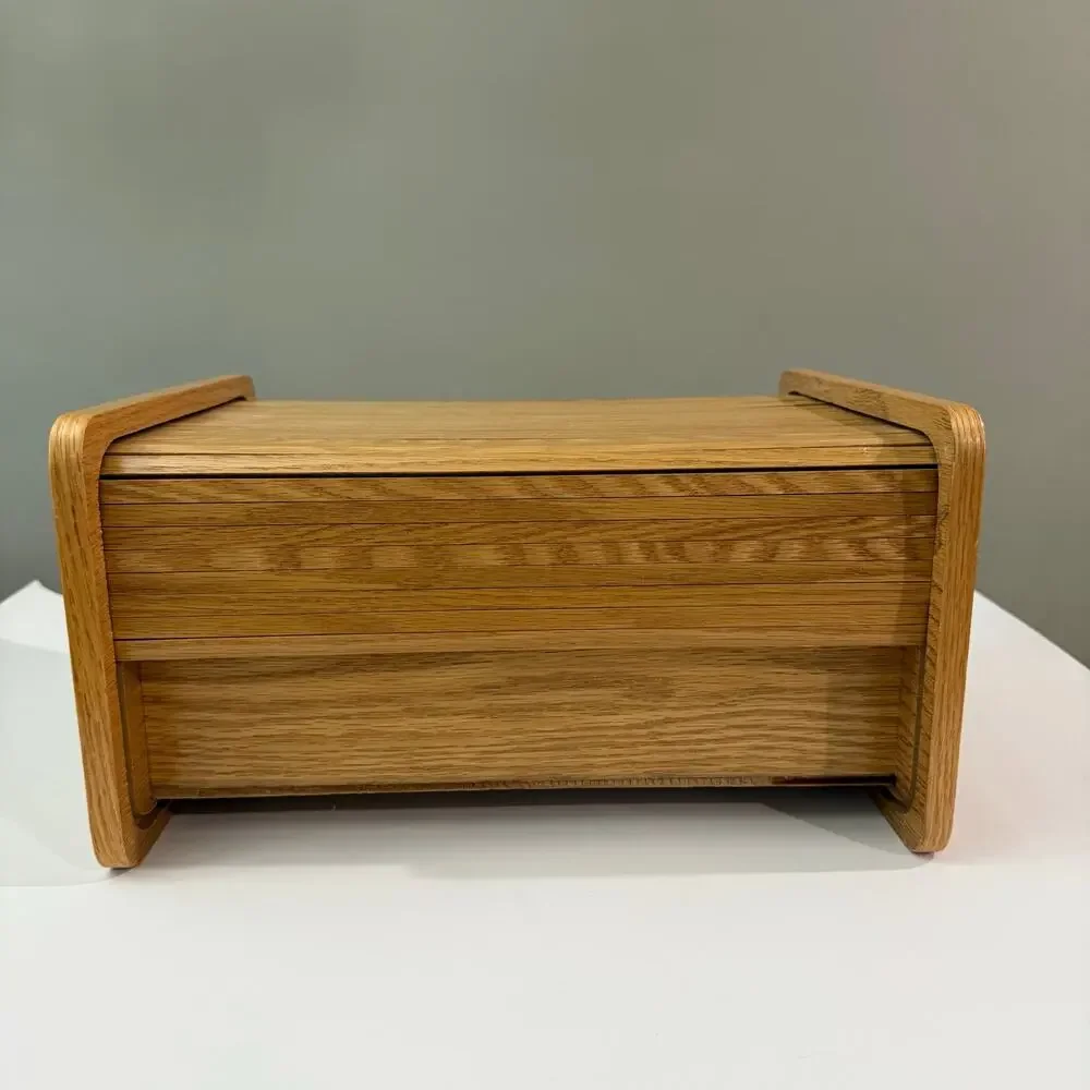 Wood Box Roll Top Tambour Door 14 x 9 x 6 Organize Cubby Sliding Oak Storage
